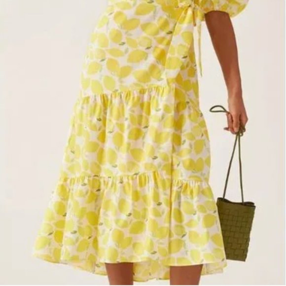 Anthro/Hutch V-Neck Tiered Wrap Midi Dress Size Large Lemon Citrus NWT - Picture 5 of 11